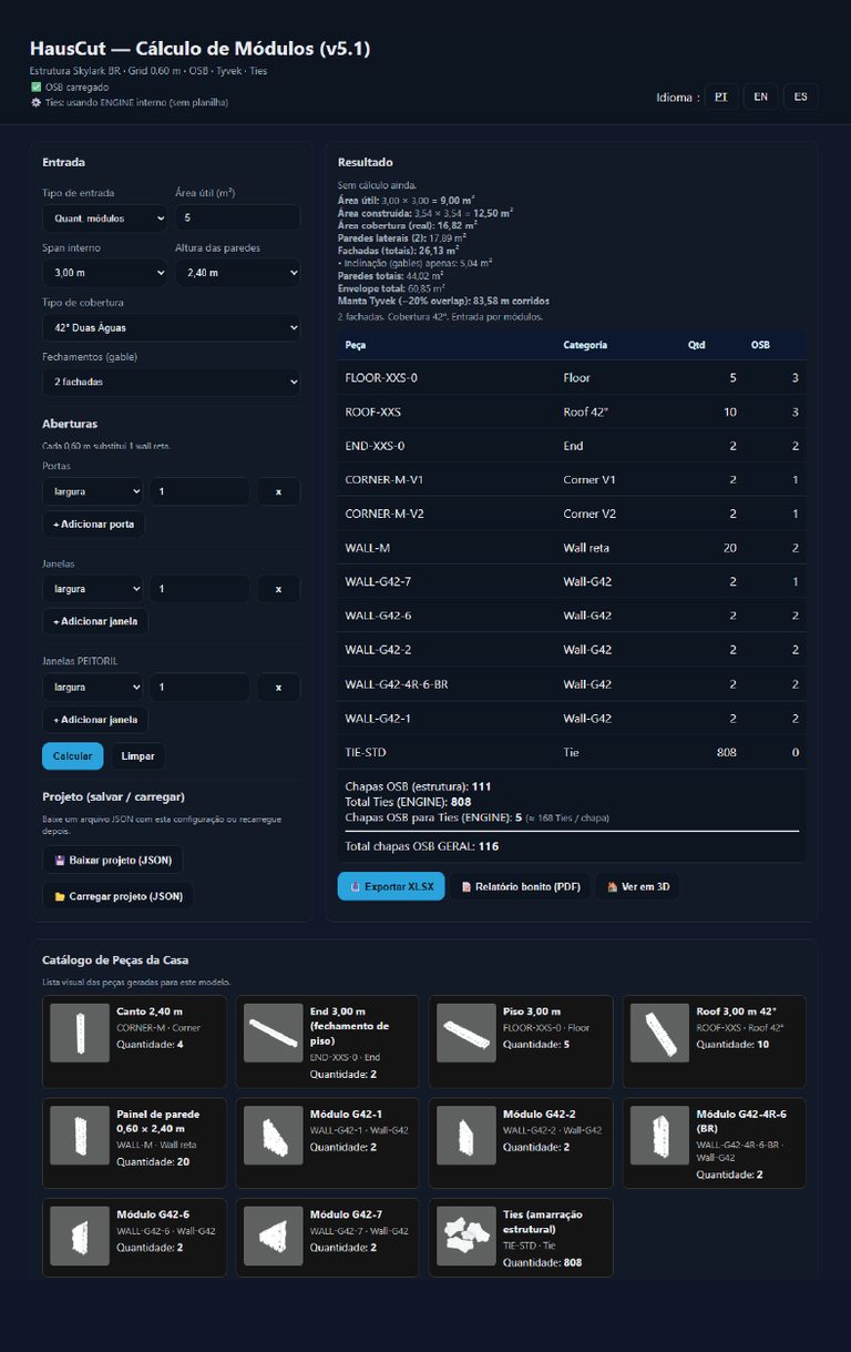 HausCut Engine — tela real do cálculo de módulos, relatórios e catálogo de peças