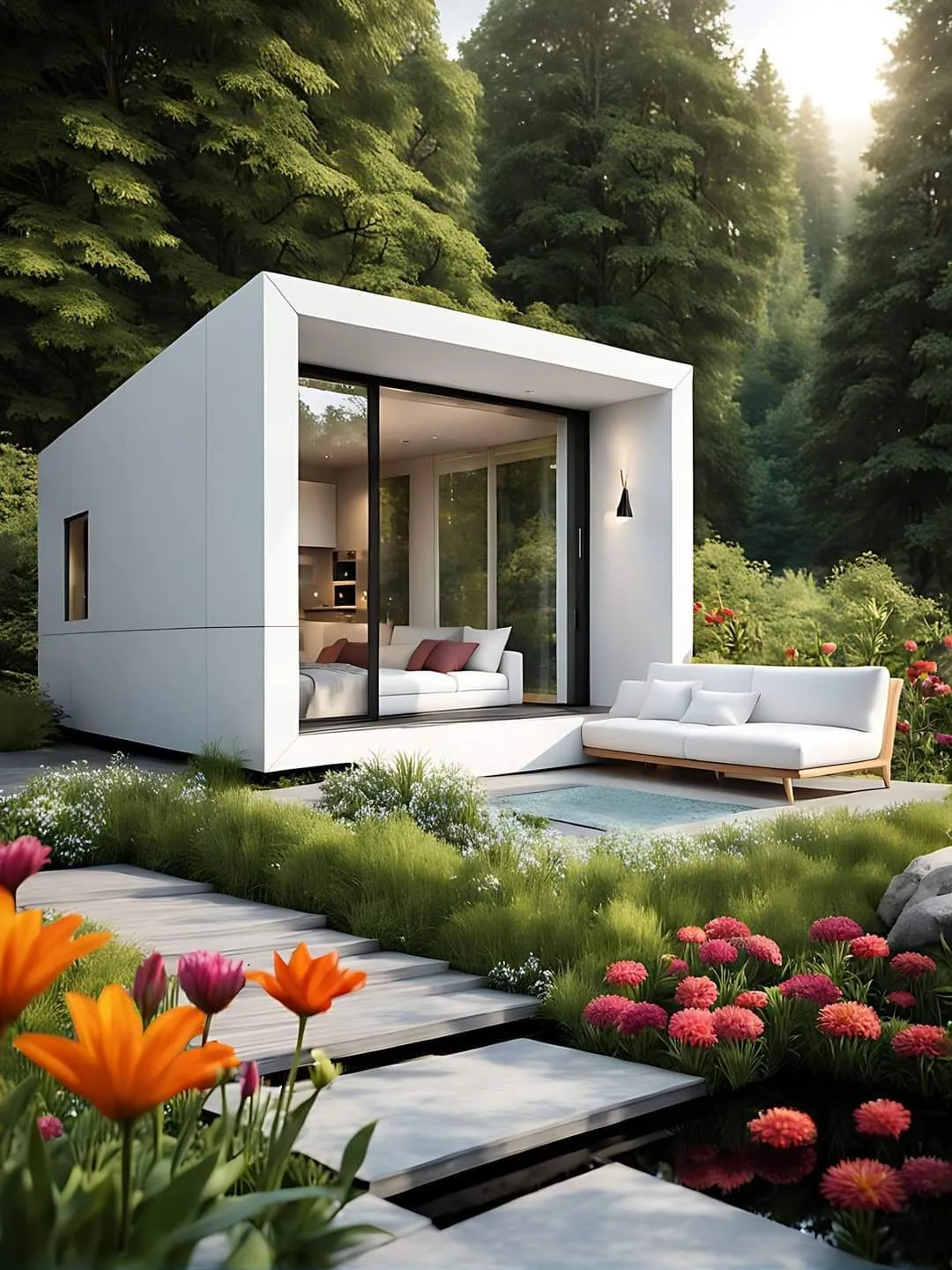 Cubo branco no jardim